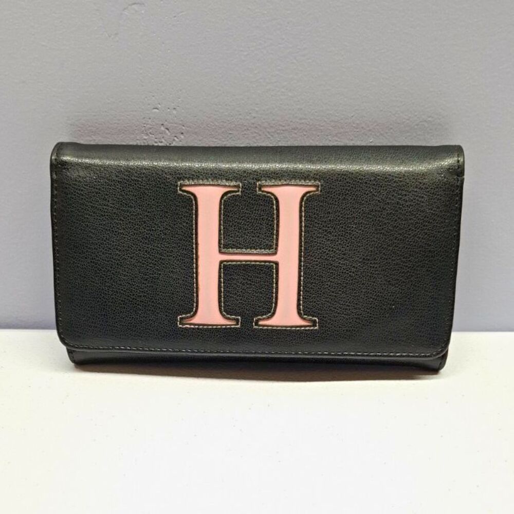 Vintage Initial H Black Faux Leather Trifold Large Wallet Pink Letter Zip Pocket